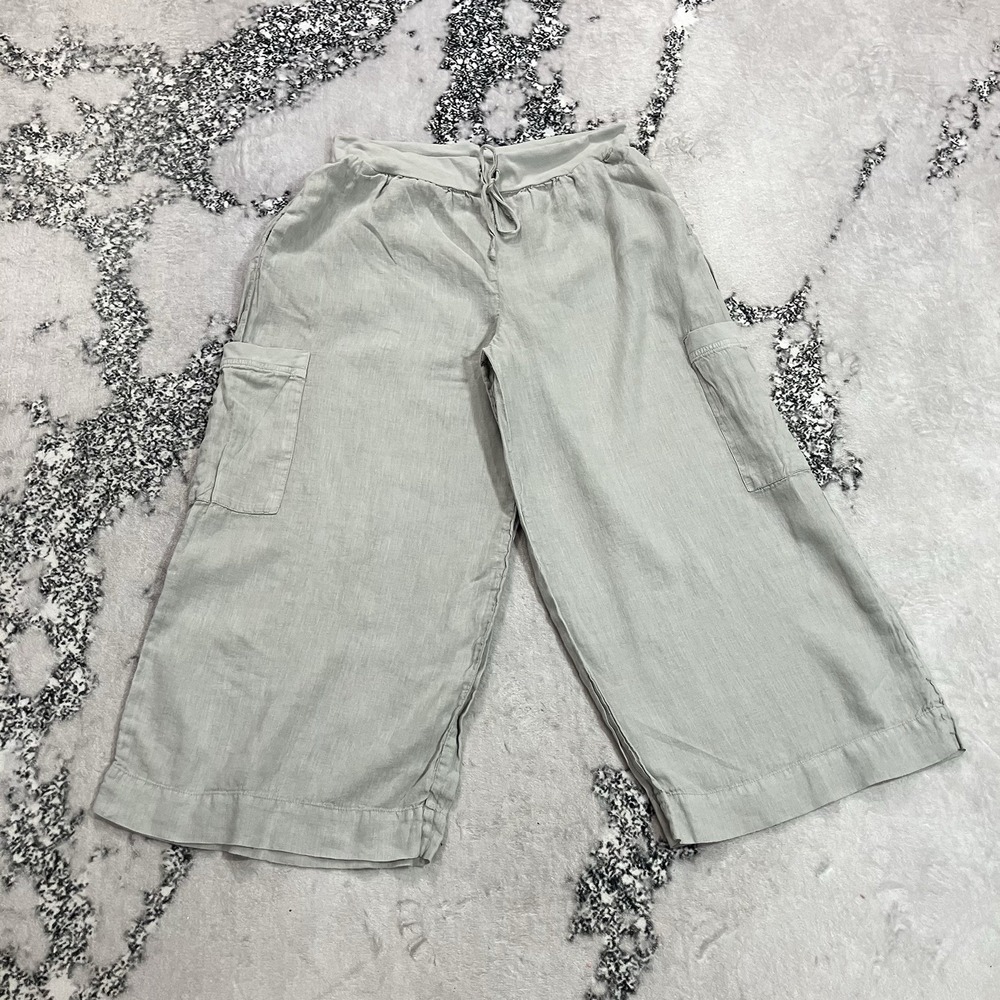FLAX Womens Size M Gray Linen Cargo Pants Wide Leg Drawstring Pull On Pockets